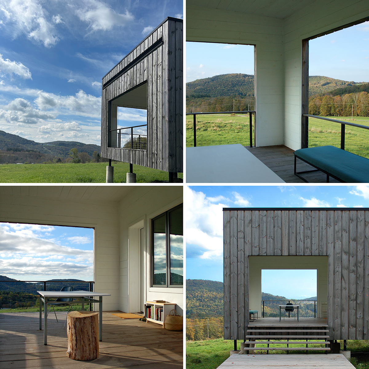 A modern, minimalist wooden cabin with large square windows offers scenic views of green fields and rolling hills, shown from multiple angles, including interior and exterior perspectives.