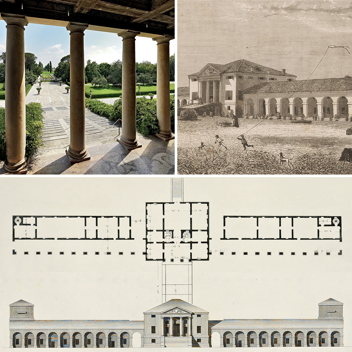 A photo of a columned portico overlooks a garden (top left), an old architectural drawing shows a villa with columns and arches (top right), and a floor plan of the building is displayed below.