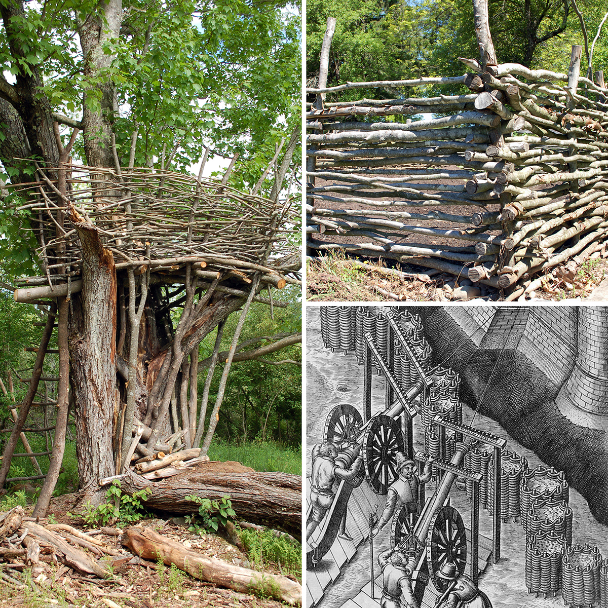 A treehouse made of branches, a rustic wooden fence, and an old black-and-white illustration of people operating machines.