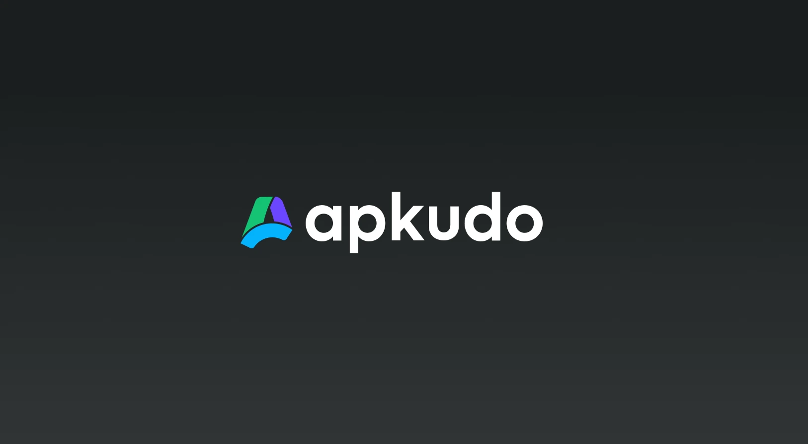 Apkudo logo with a three-color abstract 'A' symbol and white text on a dark gradient background.