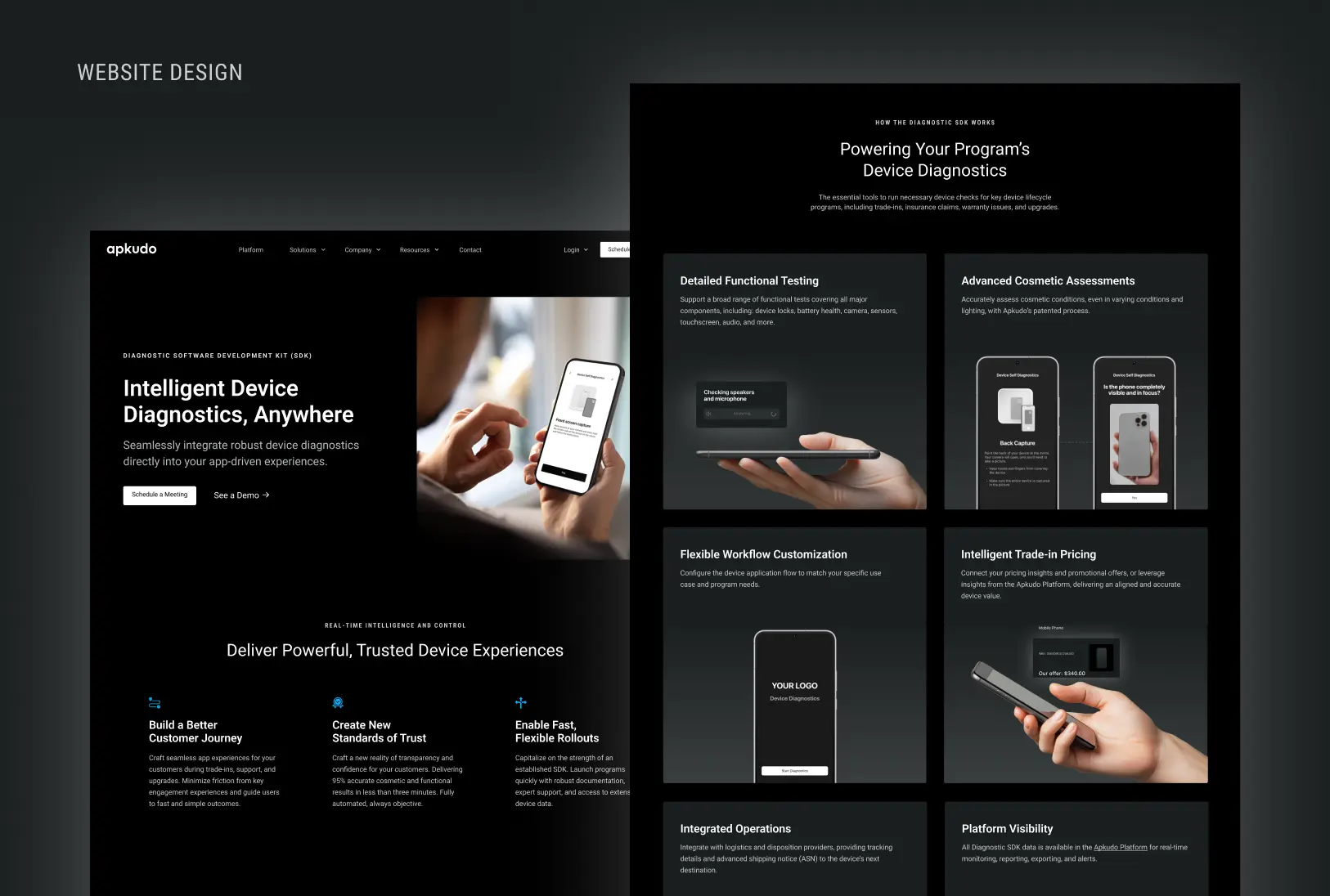Website design showcasing Apkudo diagnostic software development kit with features like intelligent device diagnostics, functional testing, cosmetic assessments, workflow customization, trade-in pricing, integrated operations, and platform visibility.