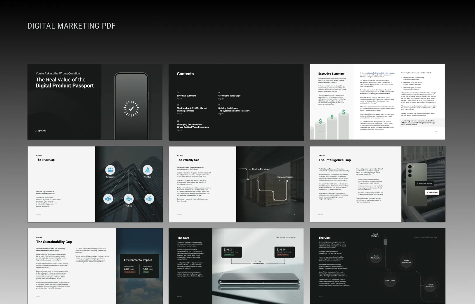 Nine-page digital marketing PDF layout with sections titled The Real Value of the Digital Product Passport, Contents, Executive Summary with bar graph, and detailed gap analyses including The Trust Gap, The Velocity Gap, The Intelligence Gap, and The Sustainability Gap with charts and device imagery.