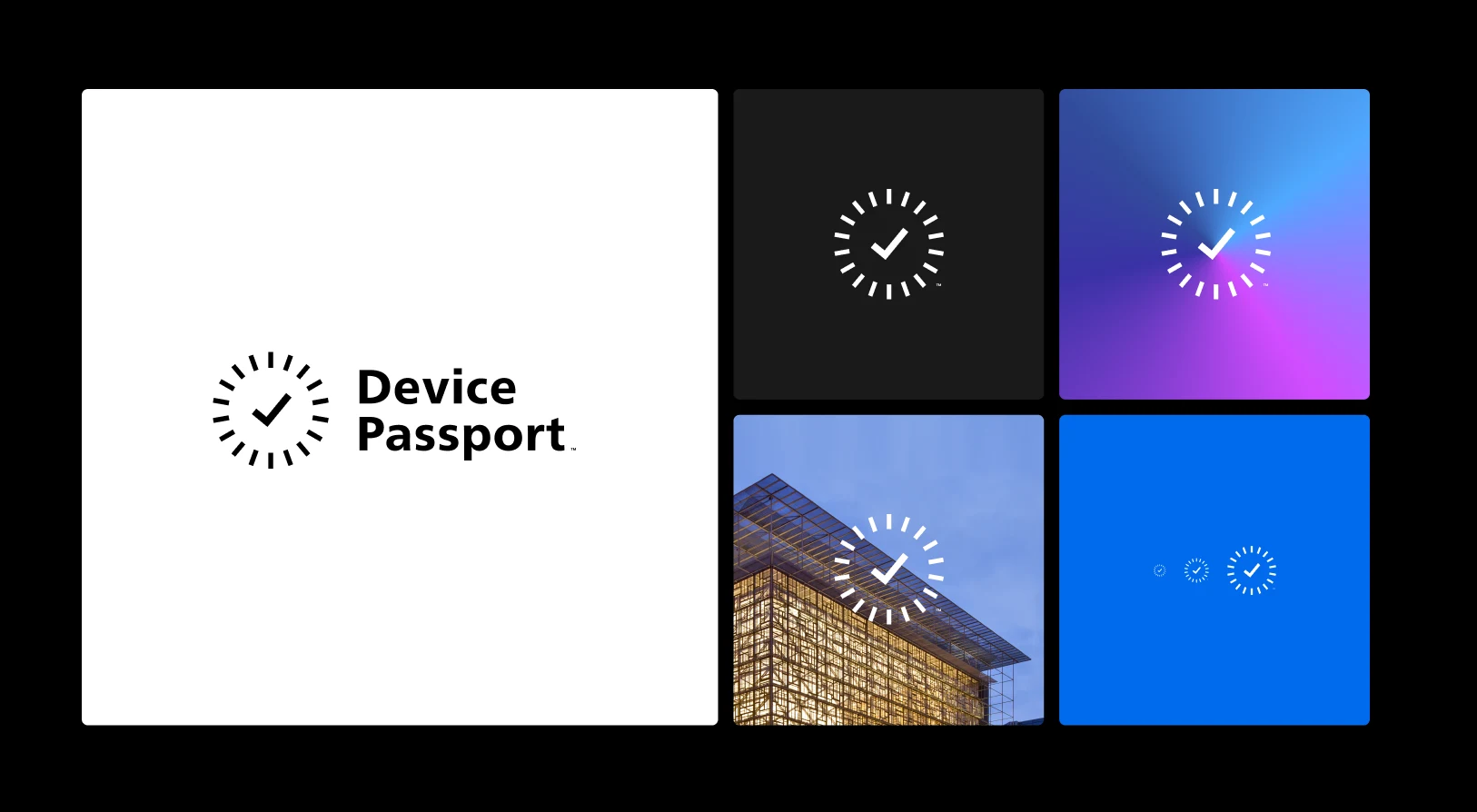 Device Passport logo with a circular checkmark icon accompanied by various backgrounds including black, blue-purple gradient, building facade, and bright blue with progressing checkmark icons.