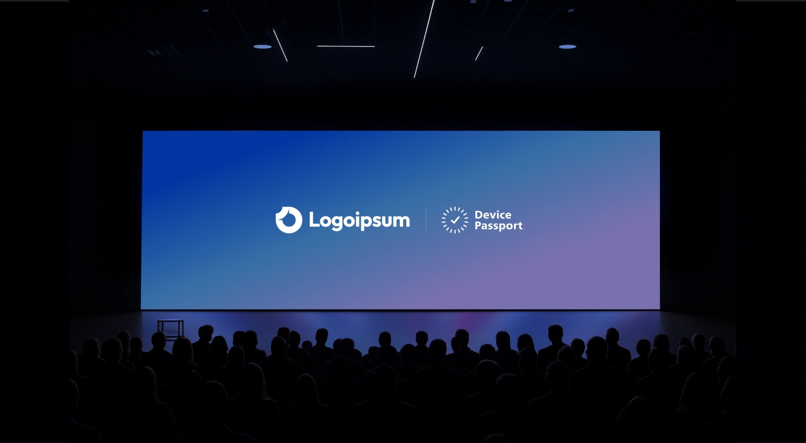 Audience silhouettes facing a large screen displaying logos for Logoipsum and Device Passport on a blue to purple gradient background.