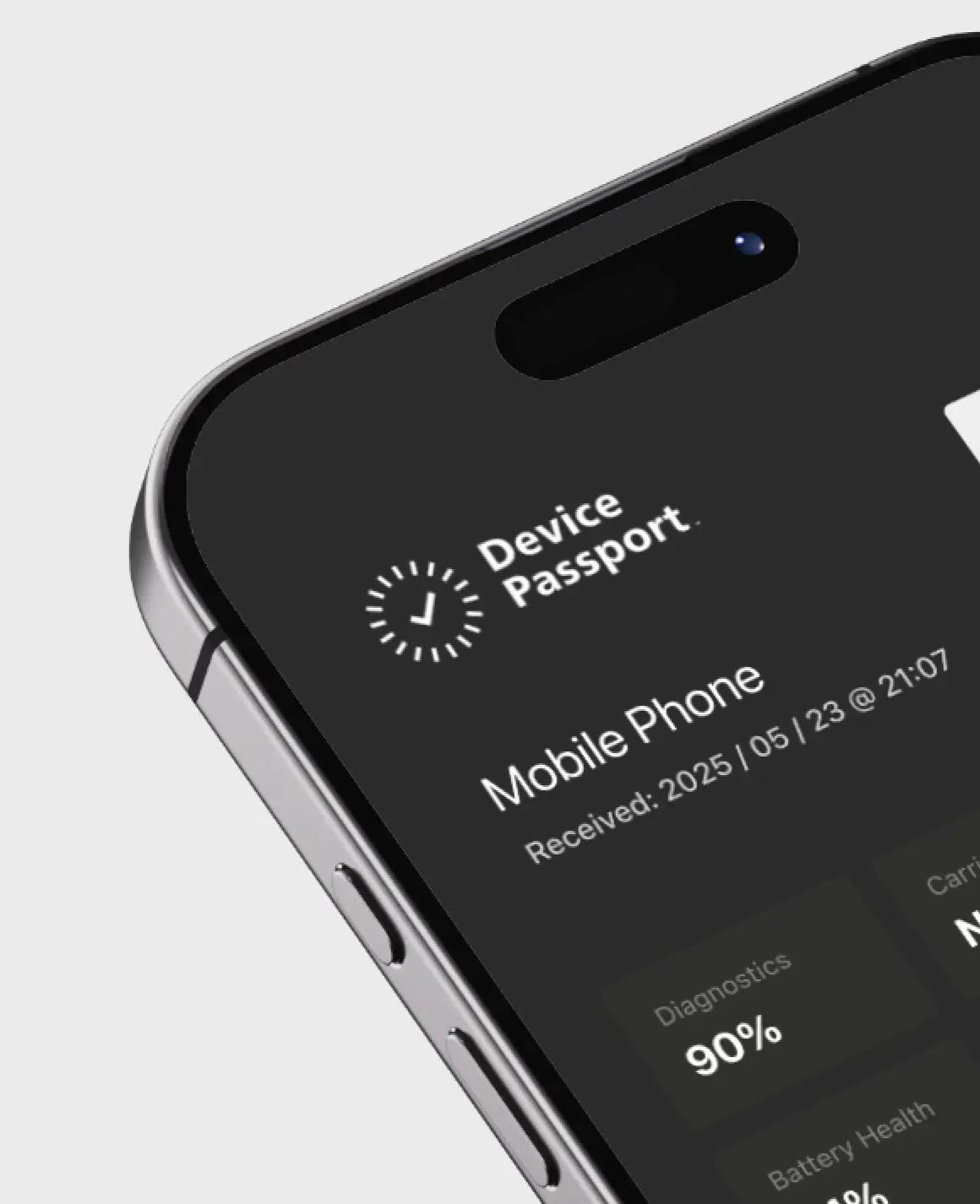 Close-up of a smartphone screen displaying a Device Passport app showing Mobile Phone details with diagnostics at 90% and a received date of 2025/05/23.