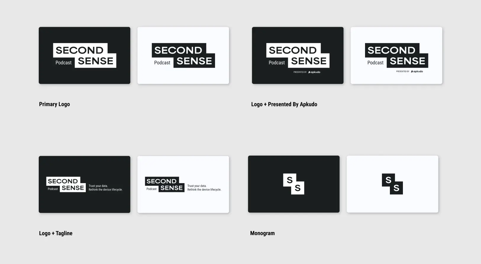 Grid of eight logo variations for Second Sense podcast, showing primary logos, logos with 'Presented by Apkudo', logos with tagline 'Trust your data. Rethink the device lifecycle.', and monogram variations in black and white backgrounds.