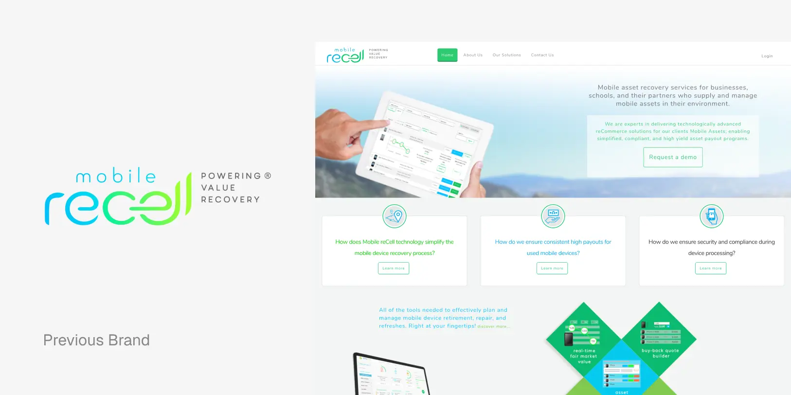 Mobile reCell previous brand logo in blue and green colors with text about mobile asset recovery services for businesses and demonstration of the platform on a tablet.
