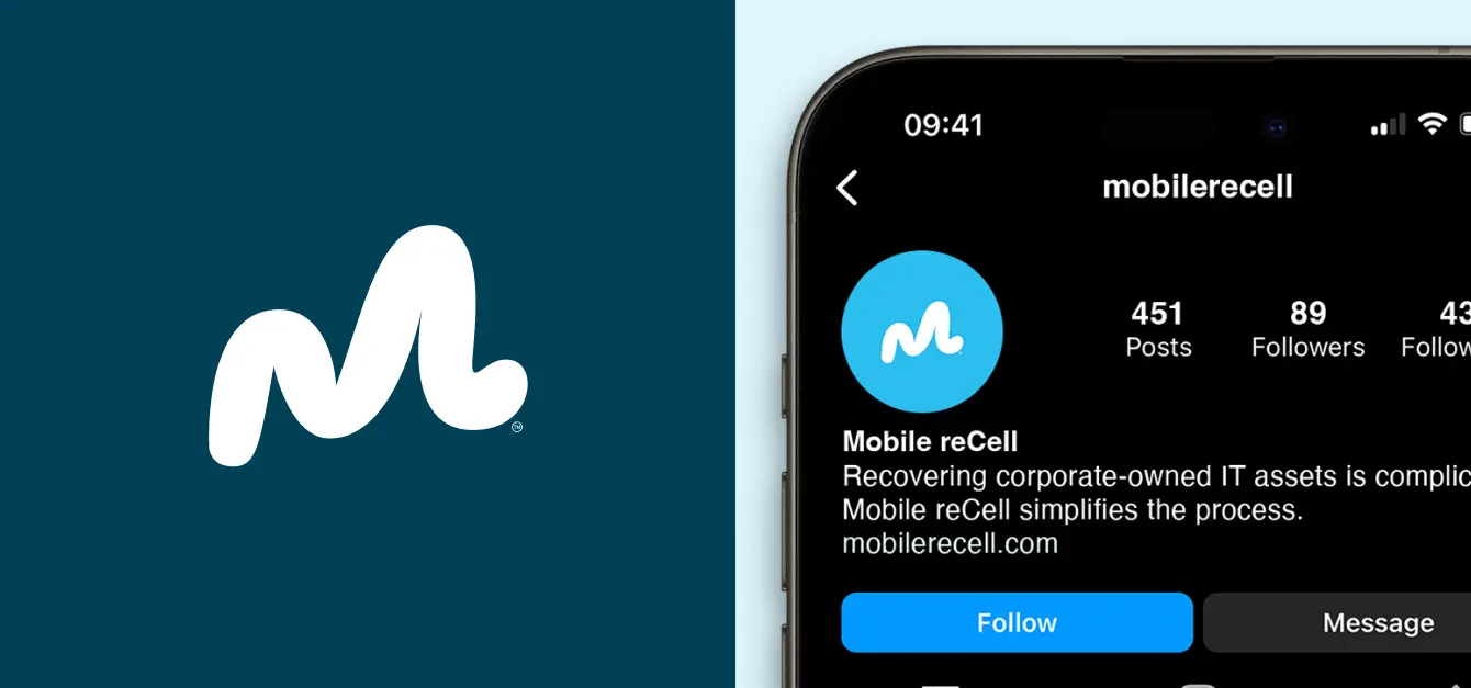 Mobile reCell logo on a blue background alongside a partial smartphone screen showing Mobile reCell's Instagram profile with 451 posts, 89 followers, and a follow button.