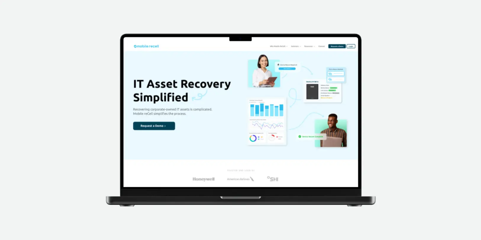 Laptop screen displaying Mobile reCell webpage with text 'IT Asset Recovery Simplified' and a request demo button.