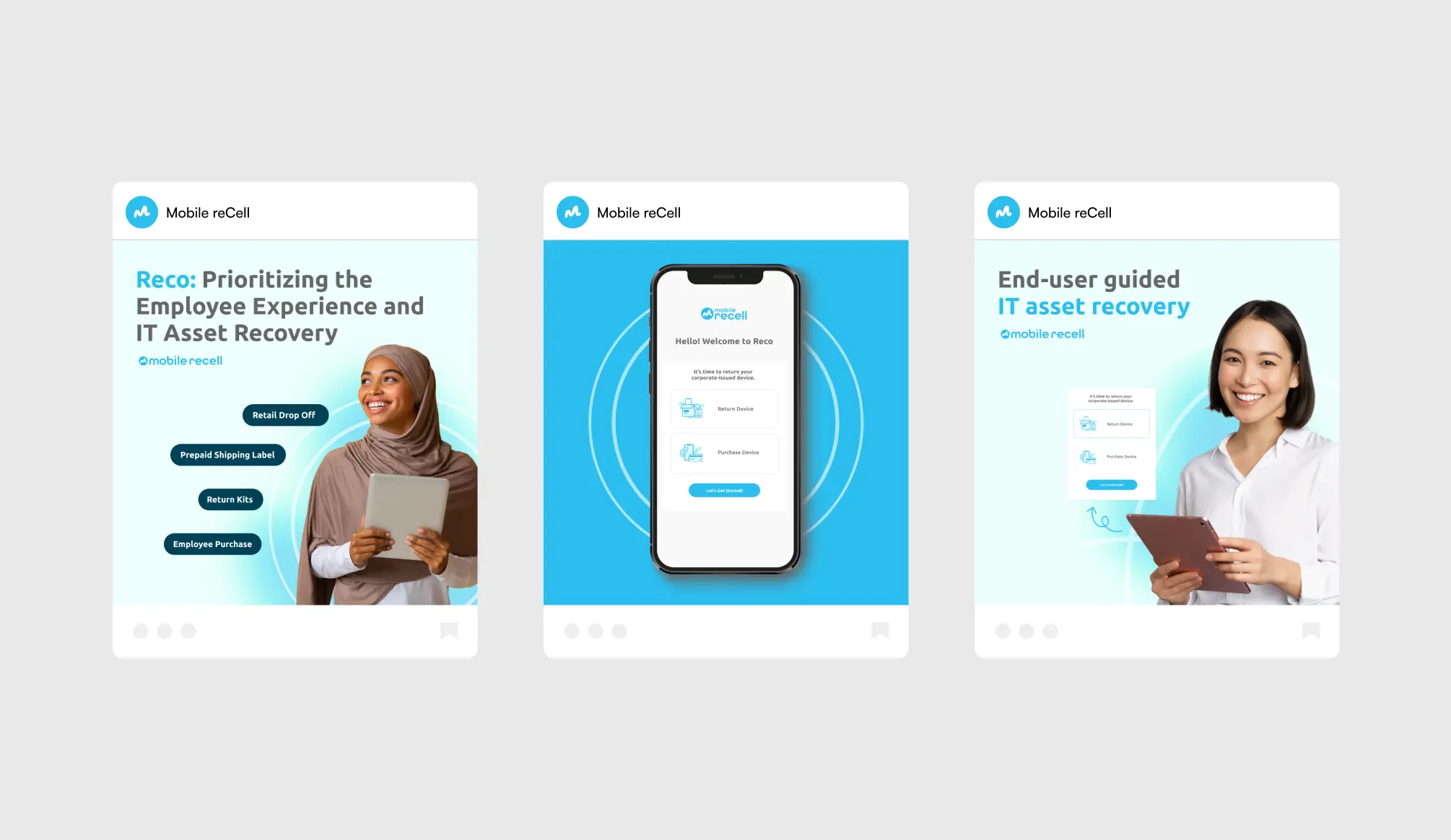 Three Mobile reCell advertisements showing IT asset recovery: left features a woman in a hijab holding a tablet with benefits listed, center shows a phone screen app interface, right has a smiling woman holding a tablet emphasizing end-user guided asset recovery.