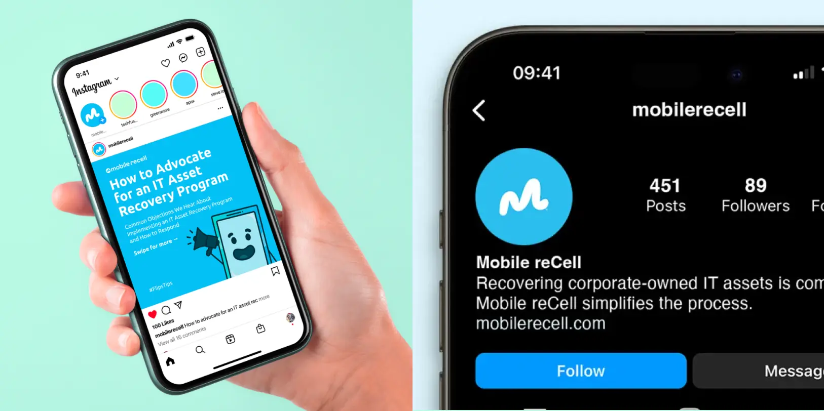 Hand holding a smartphone displaying Mobile reCell's Instagram post about advocating for an IT asset recovery program and profile page showing follower count and follow button.