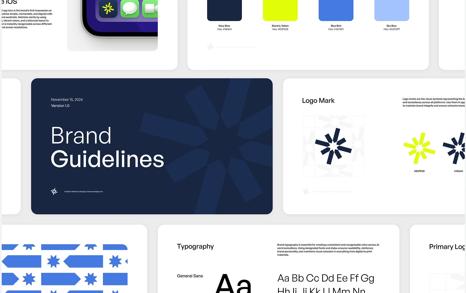 Brand guidelines document featuring a navy blue cover with a starburst logo, color swatches in navy blue and electric yellow, logo mark variations, typography samples, and pattern design elements.