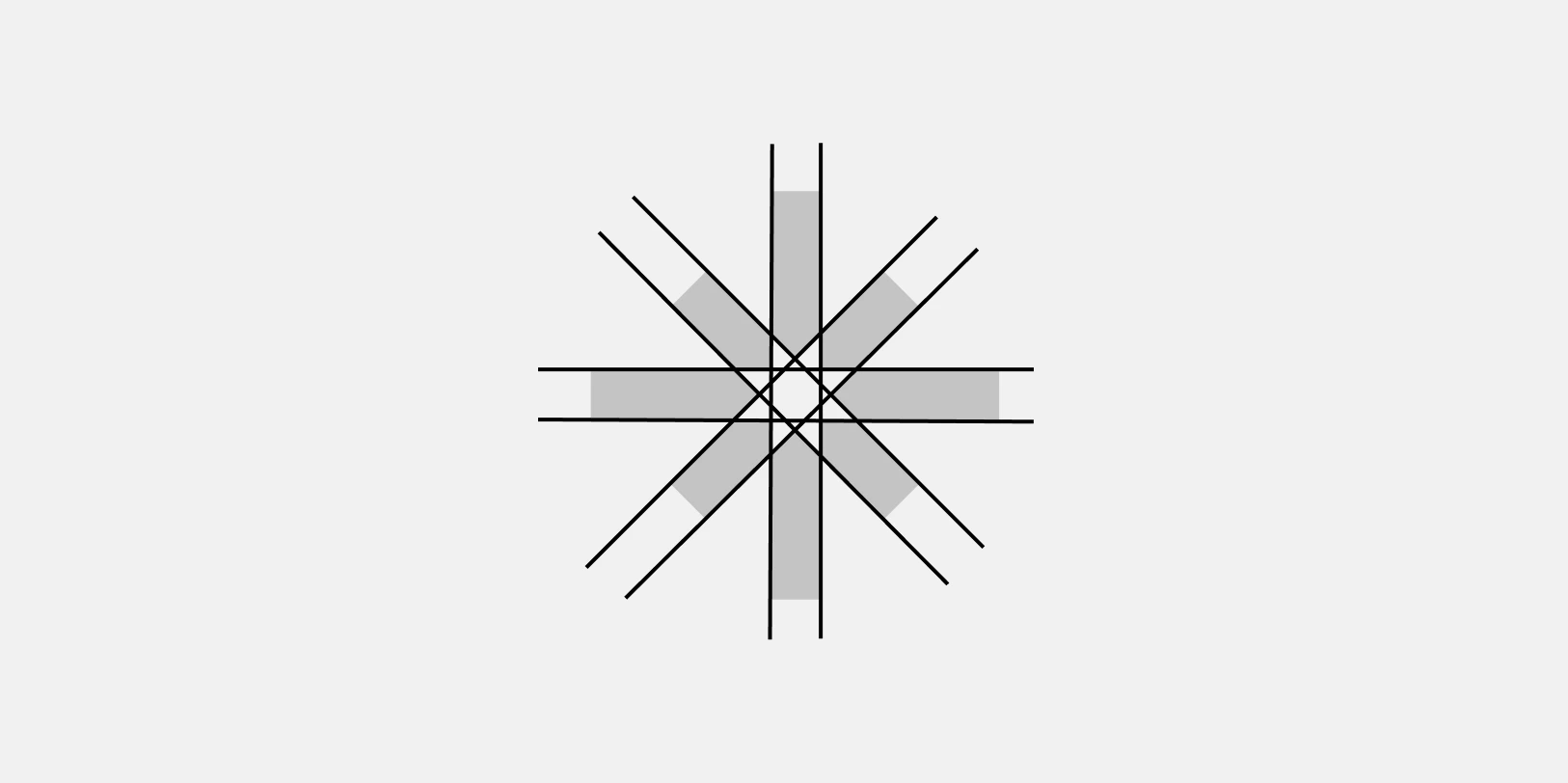 Geometric design with eight black lines intersecting at various angles forming a star shape with gray shaded areas between some lines.