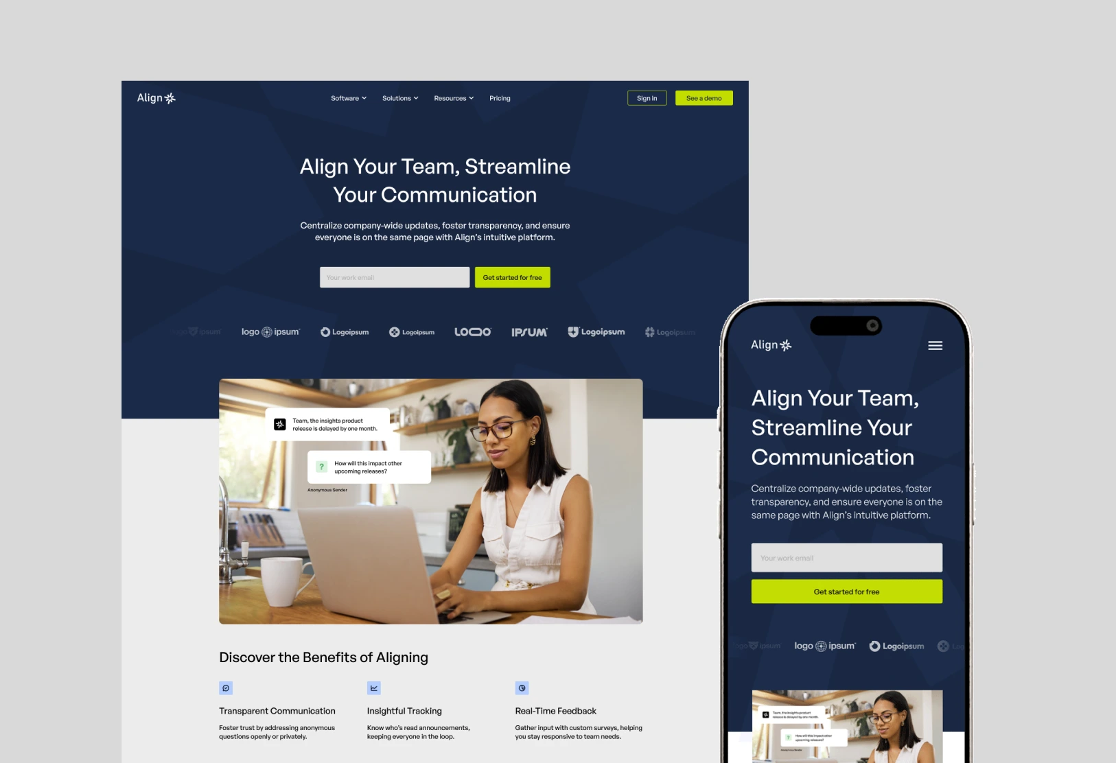 Website homepage of Align showing a woman using a laptop with chat bubbles, and text about streamlining team communication.