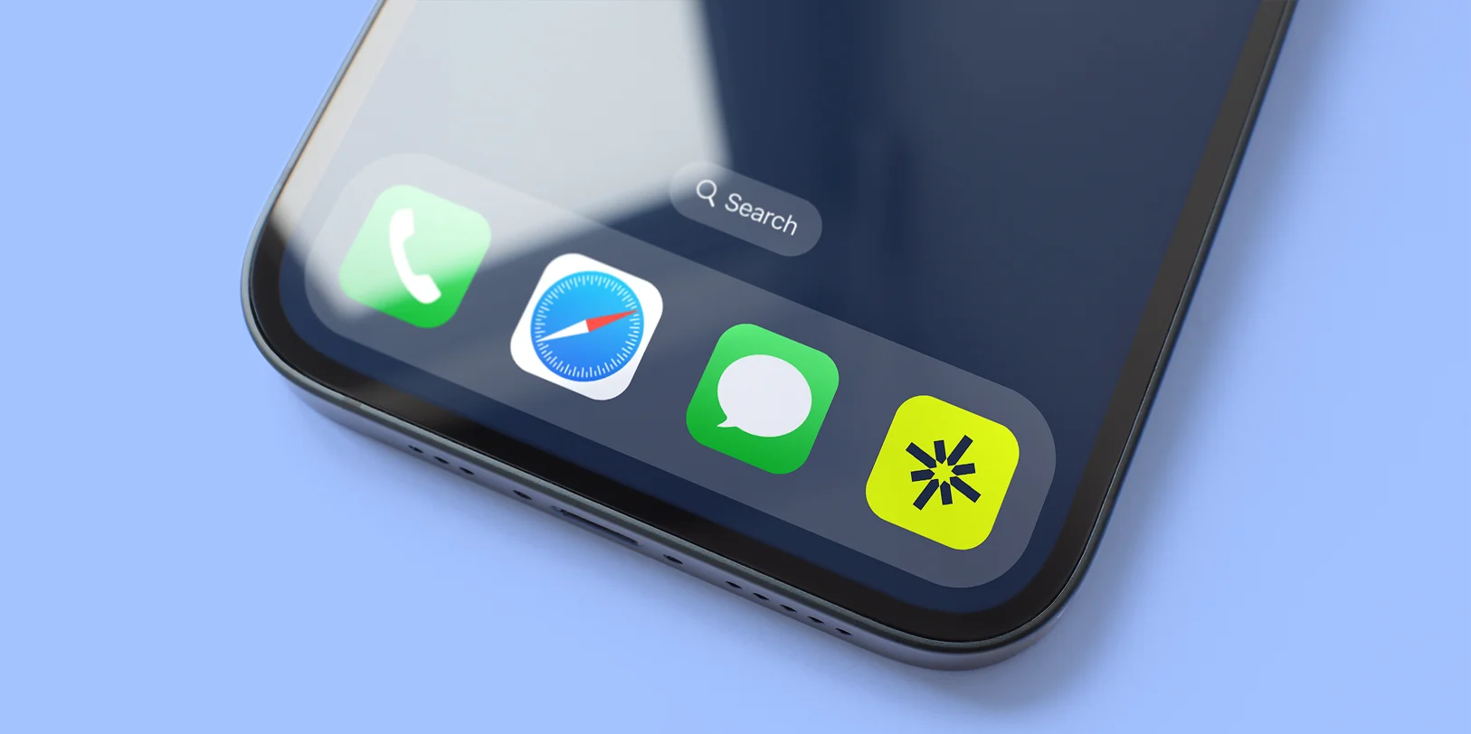 Close-up of a smartphone screen's bottom corner showing phone, Safari, messages, and an unidentified app icons on a blue background.