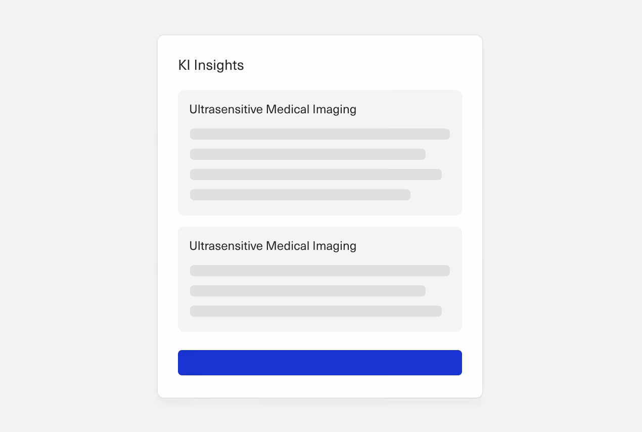 Karte mit zwei Abschnitten zu ultrasensitiver medizinischer Bildgebung und einem blauen Aktionsbutton darunter.