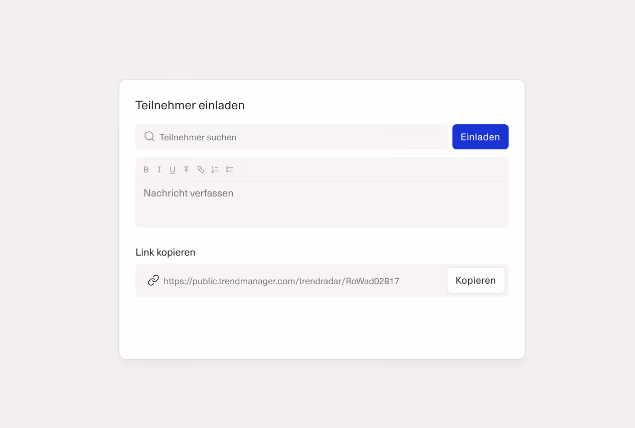 Einladungsfenster mit Suchfeld für Teilnehmer, Textfeld zum Verfassen einer Nachricht und Option, einen Link zu kopieren.