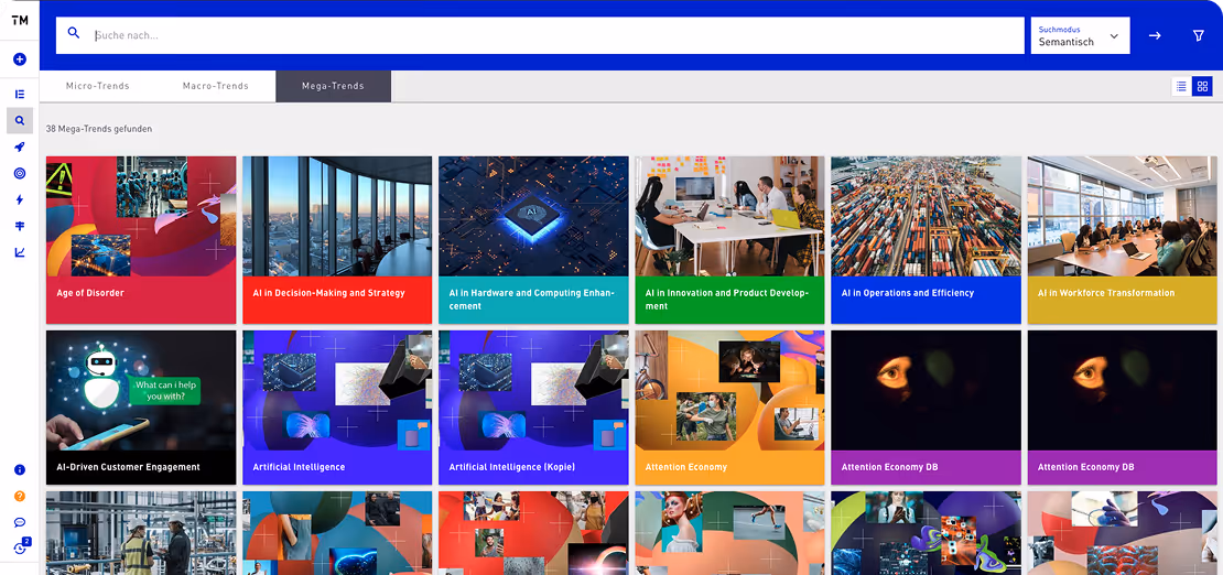 Dashboard showing a search bar and tabs for Micro-Trends, Macro-Trends, and Mega-Trends with a grid of colorful trend cards including AI in decision-making, AI hardware enhancement, innovation, workforce transformation, and attention economy.