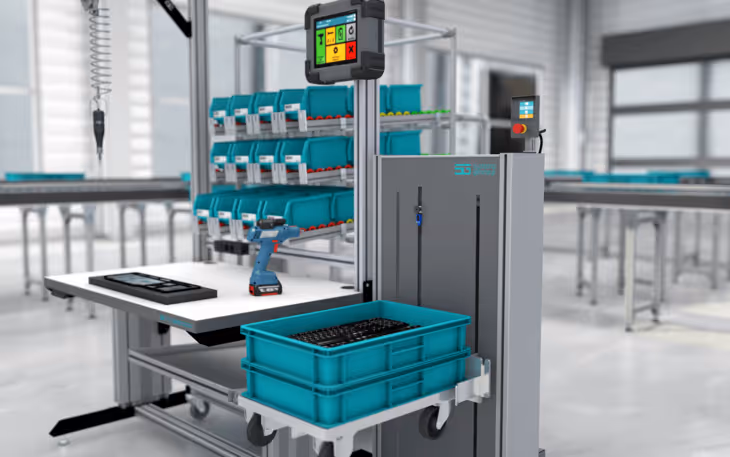 Industrieller Arbeitsplatz mit automatisiertem Fördersystem, blauen Behältern und einem Steuerpanel mit Touchscreen.