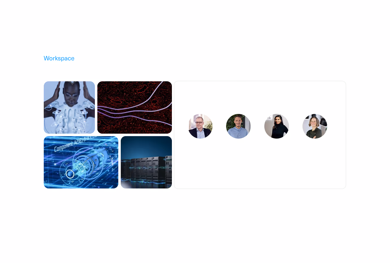 Arbeitsbereich mit vier quadratischen Bildern links: futuristische Person, neuronale Netzwerke, technische Grafik und Serverraum, daneben Profilfotos von vier Teammitgliedern in einem weißen Rechteck.