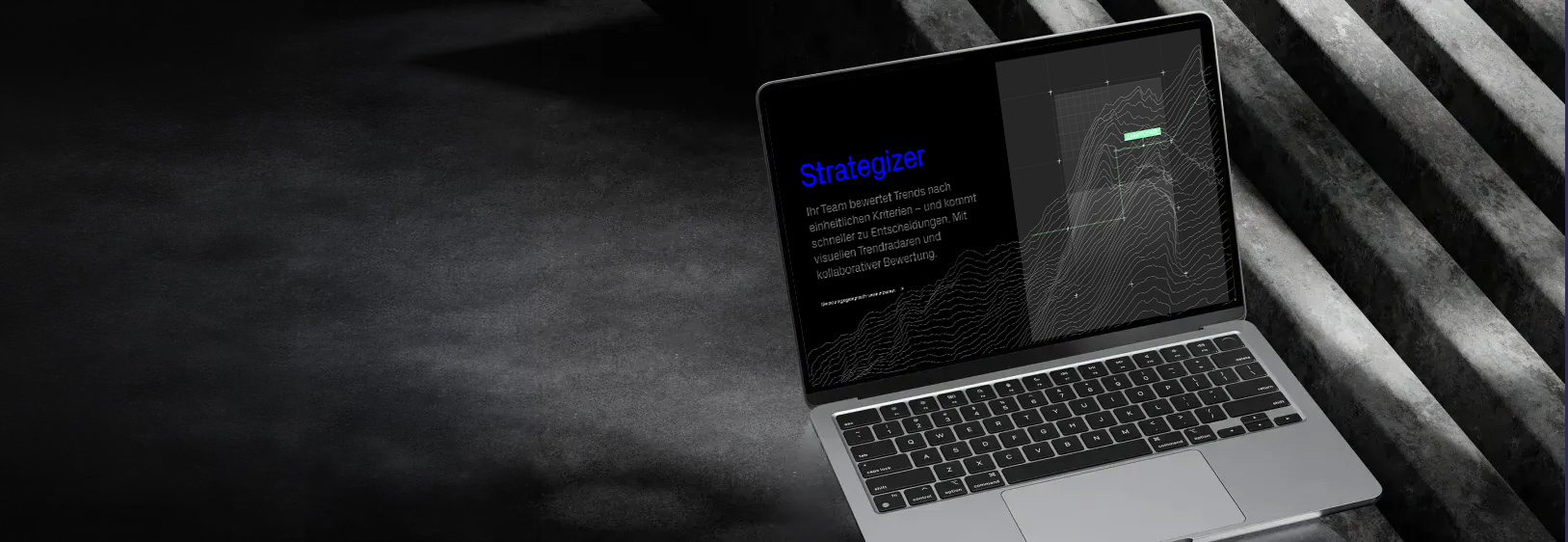 Laptop zeigt Strategizer-Software mit Diagramm und Text zur Trendbewertung.