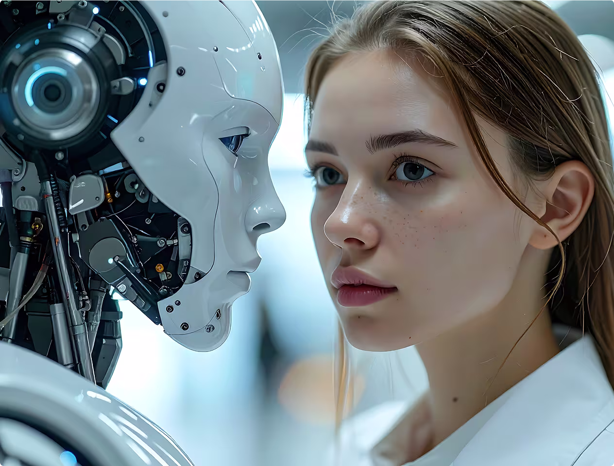 Junge Frau und futuristischer Roboter blicken sich nahe und direkt in die Augen.