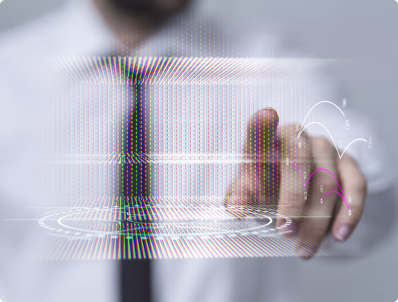 Hand interacting with a transparent touchscreen display showing digital data and graphs.