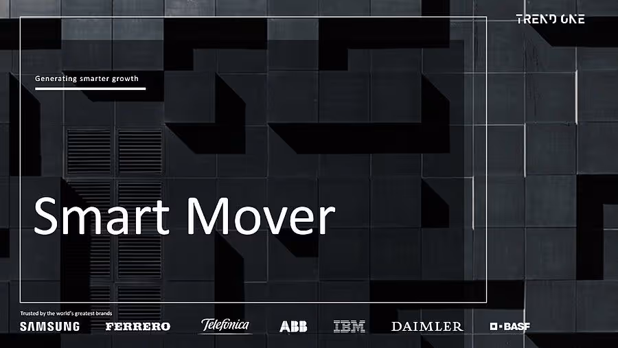 Smart Mover title with brand logos Samsung, Ferrero, Telefonica, ABB, IBM, Daimler, BASF on dark tile background.