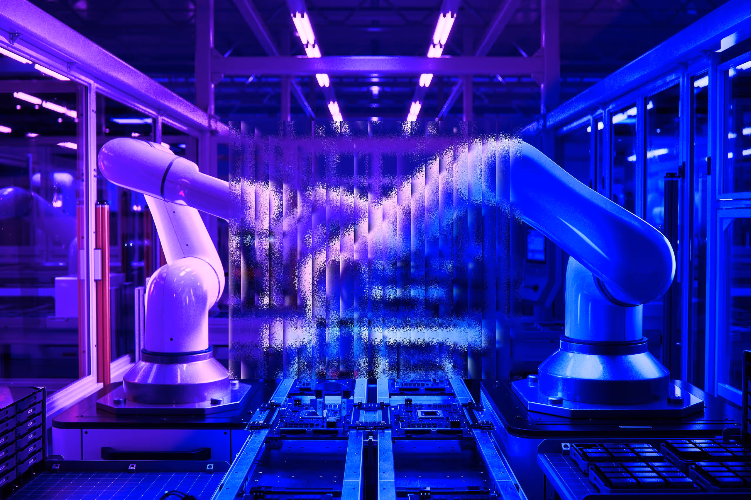 Zwei Industrieroboterarme arbeiten in einer futuristisch blau beleuchteten Fabrikhalle.