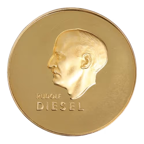 Goldmedaille mit dem Profil von Rudolf Diesel und seinem Namen darunter.