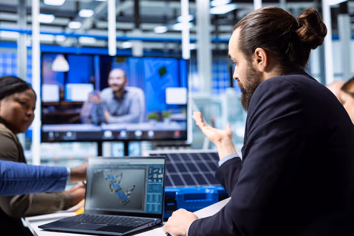 Menschen diskutieren an einem Tisch mit Laptop, der technische 3D-Modelle zeigt, und Videoanruf im Hintergrund.
