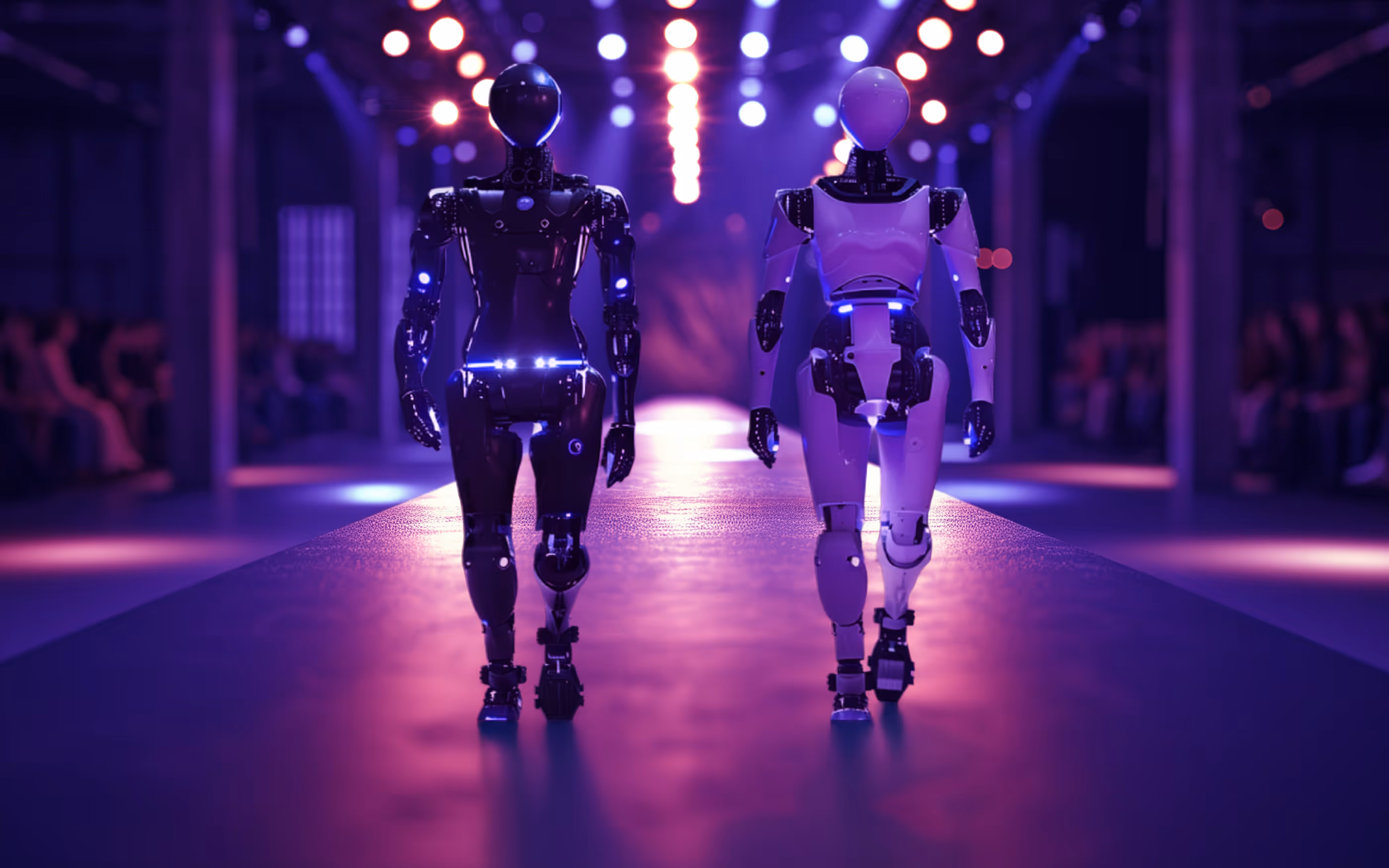 Zwei humanoide Roboter laufen auf einem Laufsteg mit lila Beleuchtung und Zuschauern im Hintergrund.