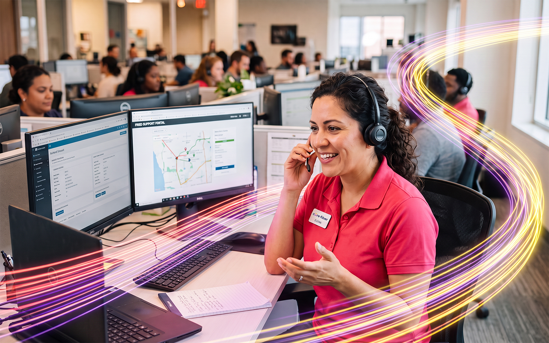 A woman in a red Core Fiber polo shirt with a headset, smiling and talking on the phone in a busy office with multiple desks and computer monitors displaying maps and account information.