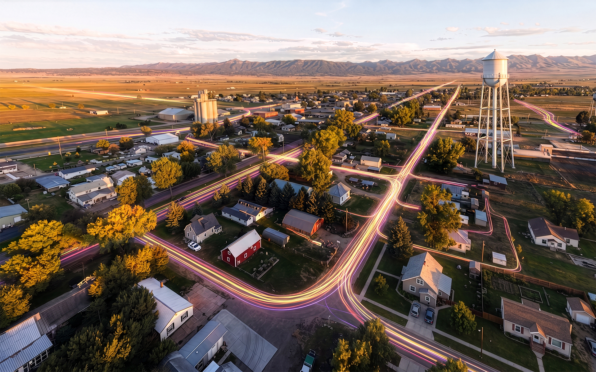 Aerial view of a small town at sunset with houses, trees, roads showing light trails representing fiber internet connectivity, a large elevated water tower, farms, and mountains in the background.