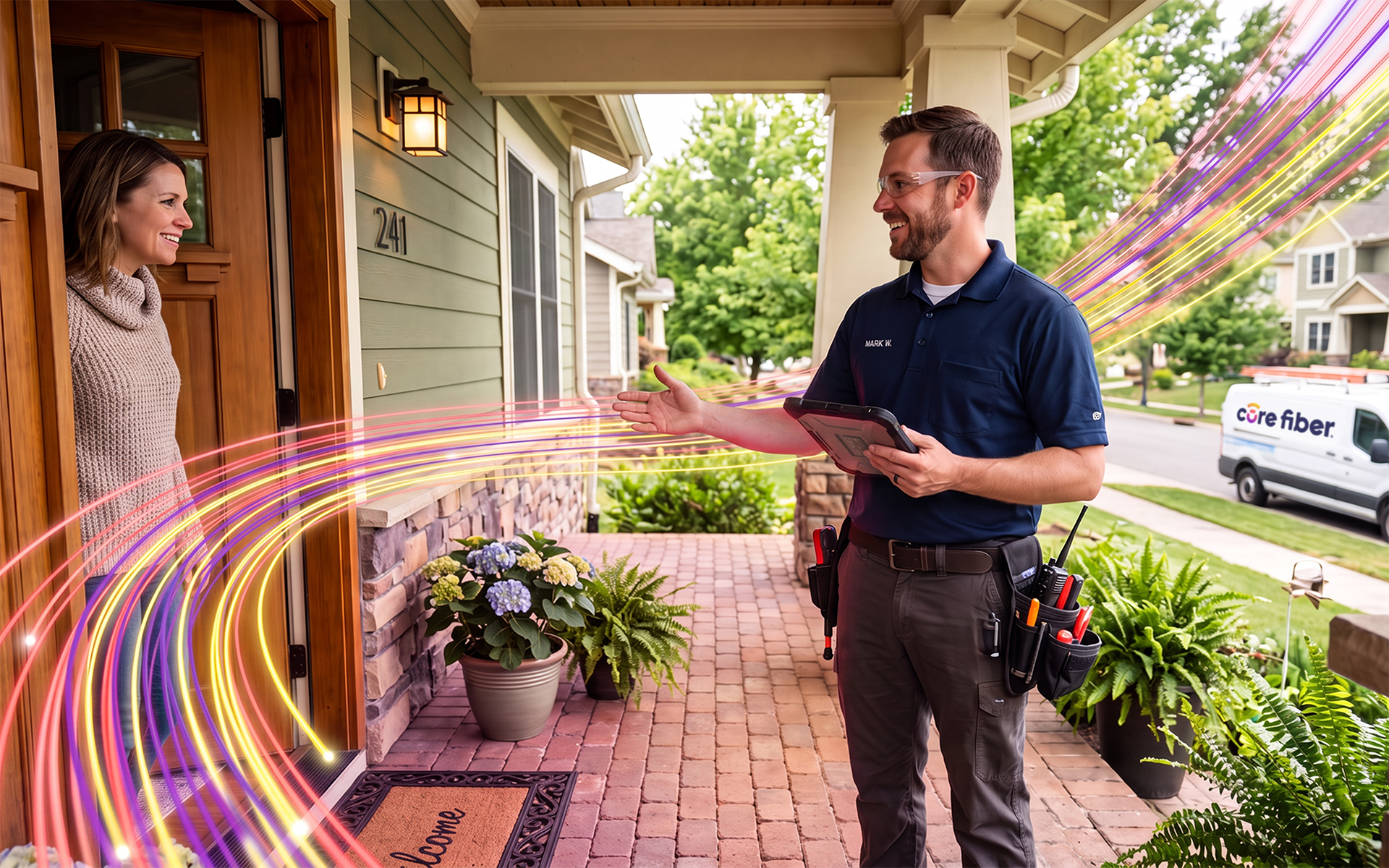 A smiling Core Fiber technician holding a tablet, extending his hand towards a woman standing at the door of a house with the number 241, colorful fiber optic light trails flowing between them, with a Core Fiber service van visible on the street.