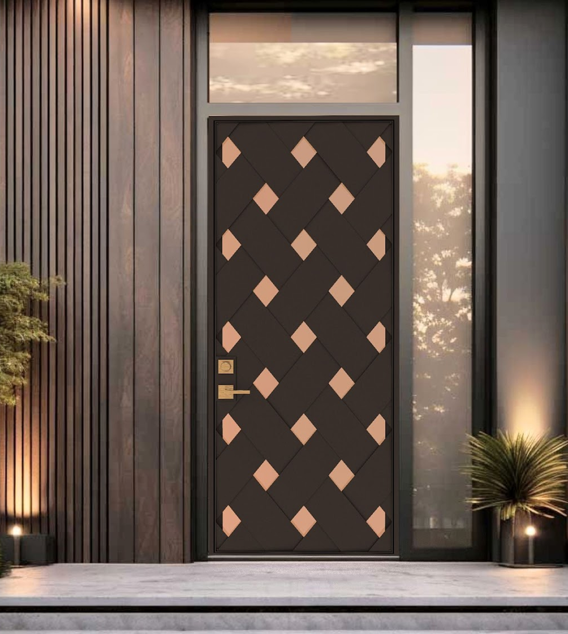 A beautiful home door with a diamond pattern