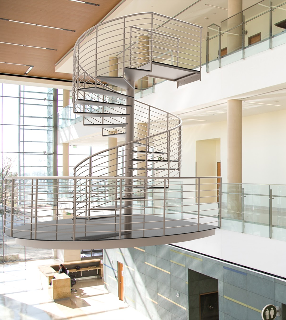 A spiral staircase in an office block