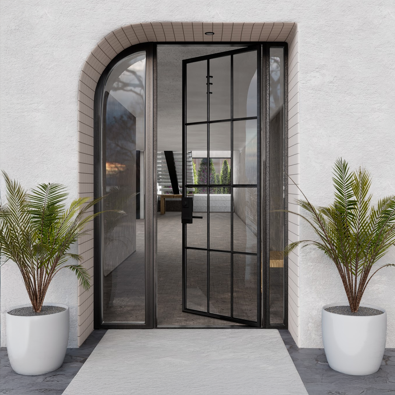 A glass-paned front door