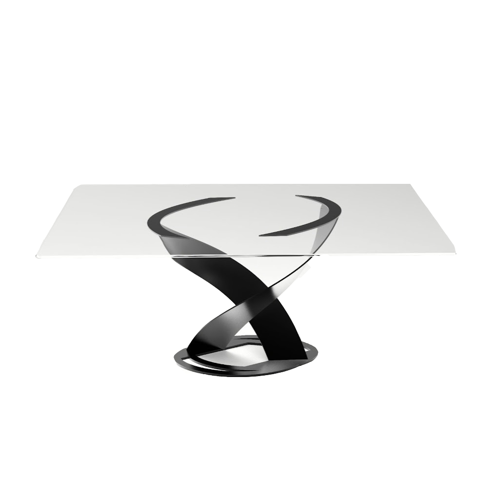 A glass-topped table with a spiral stand