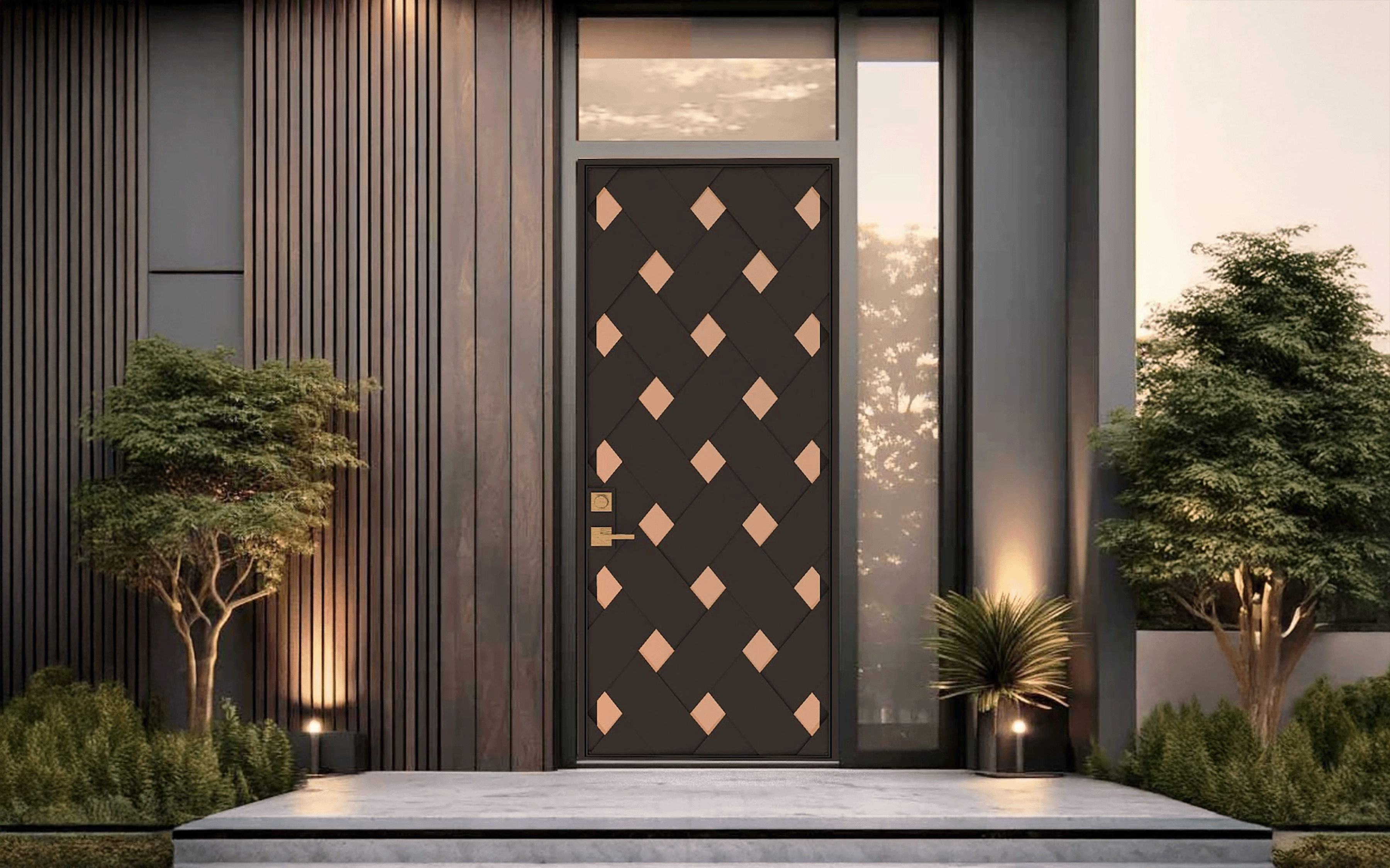A decorative home front door with diamond pattern
