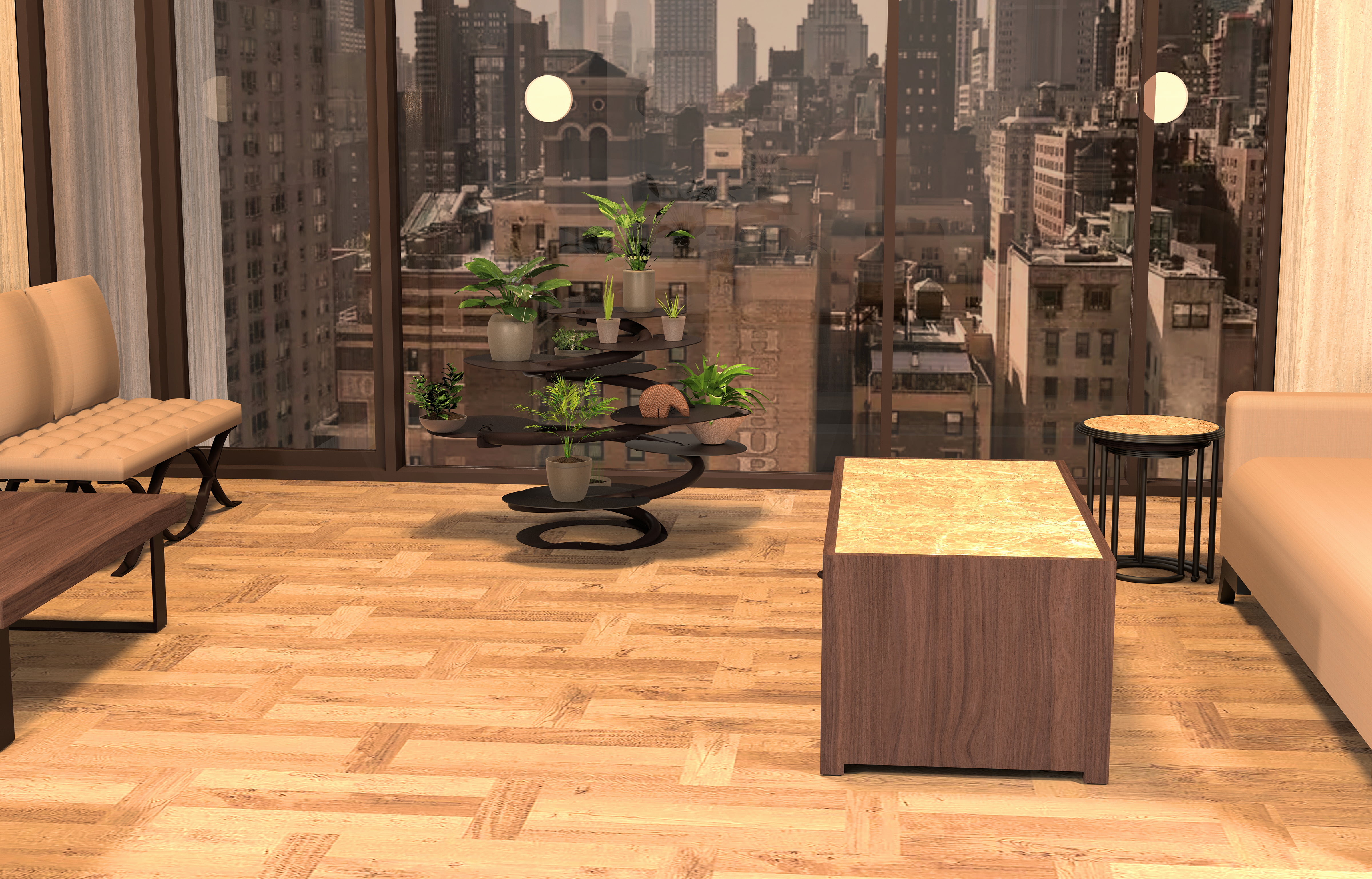 A spiral shaped planter holding pot plants