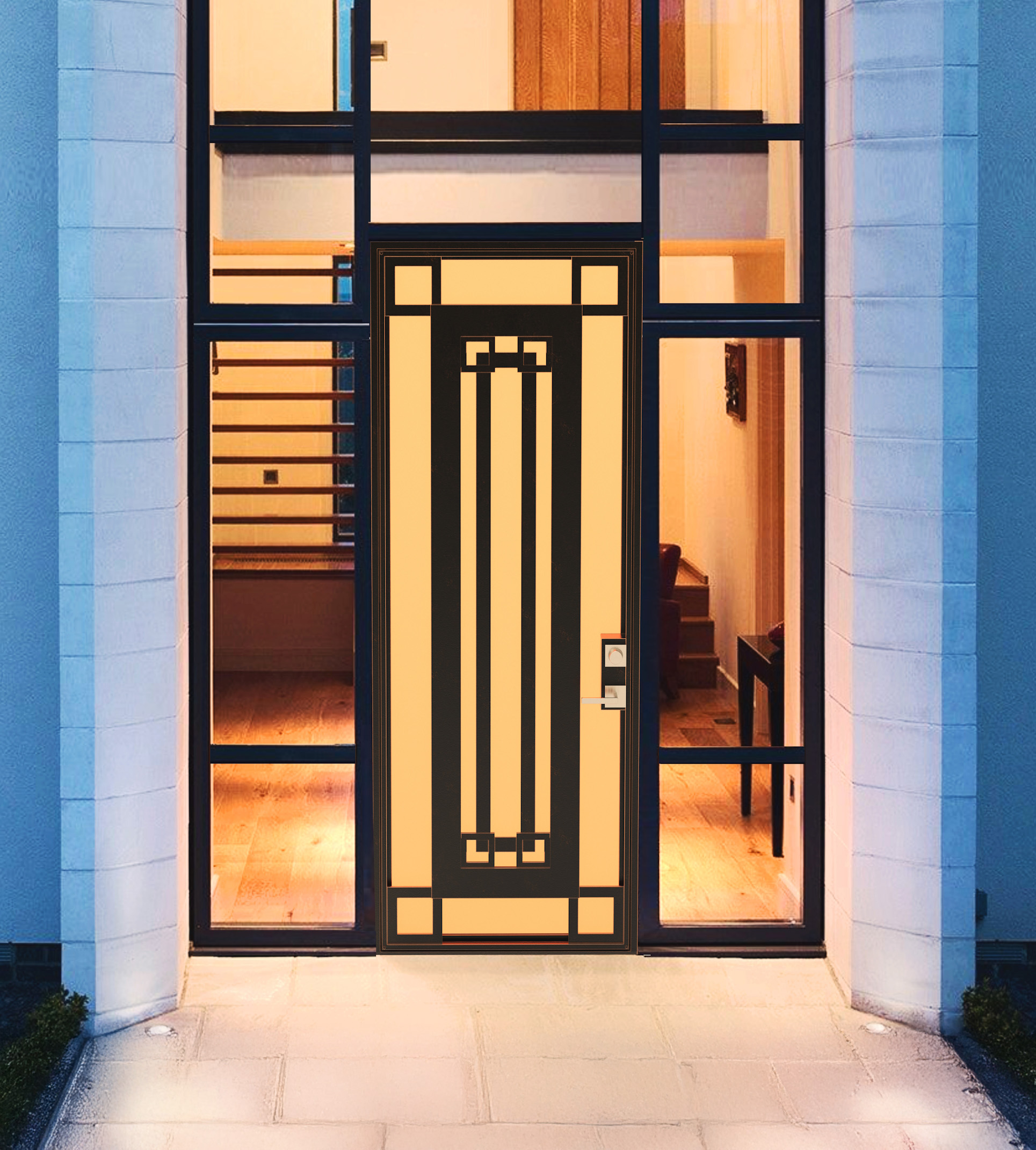 A beautiful glass-paned front door.