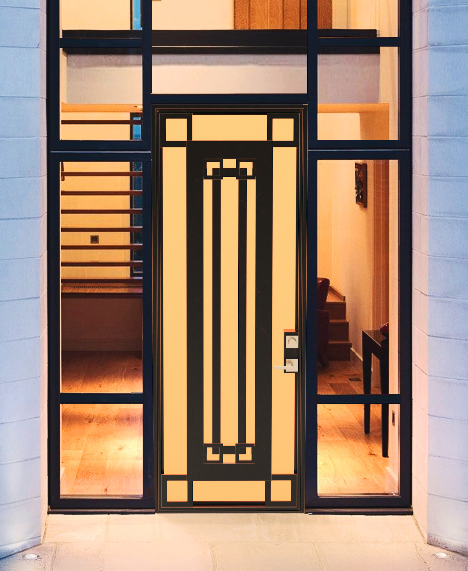 A front door with frosted glass panes