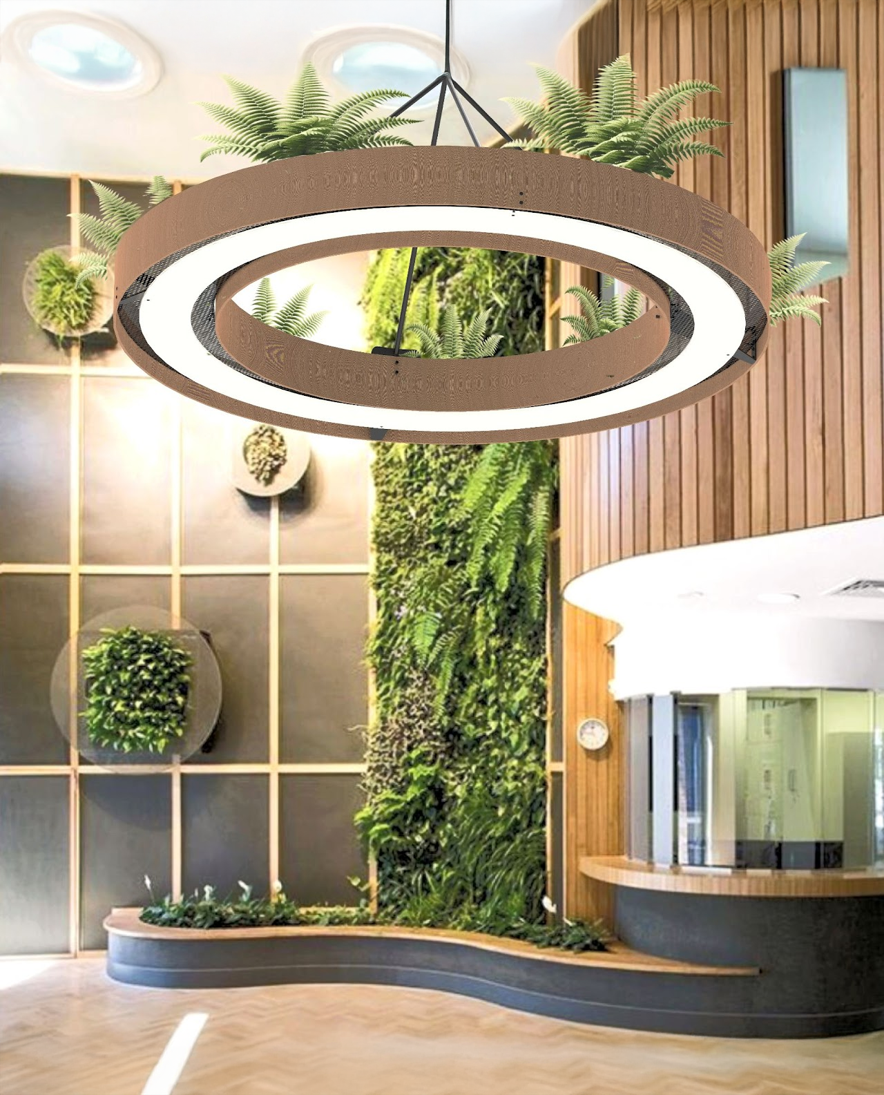 A circular hanging light in an entrance hall