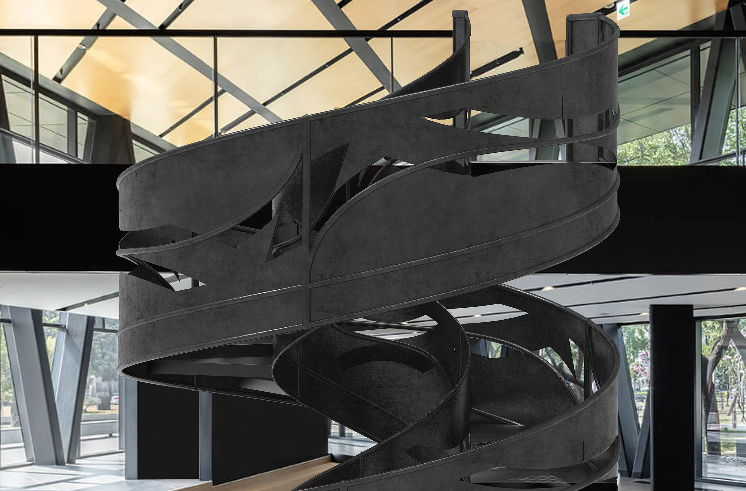 A spiral staircase with ornamental railings