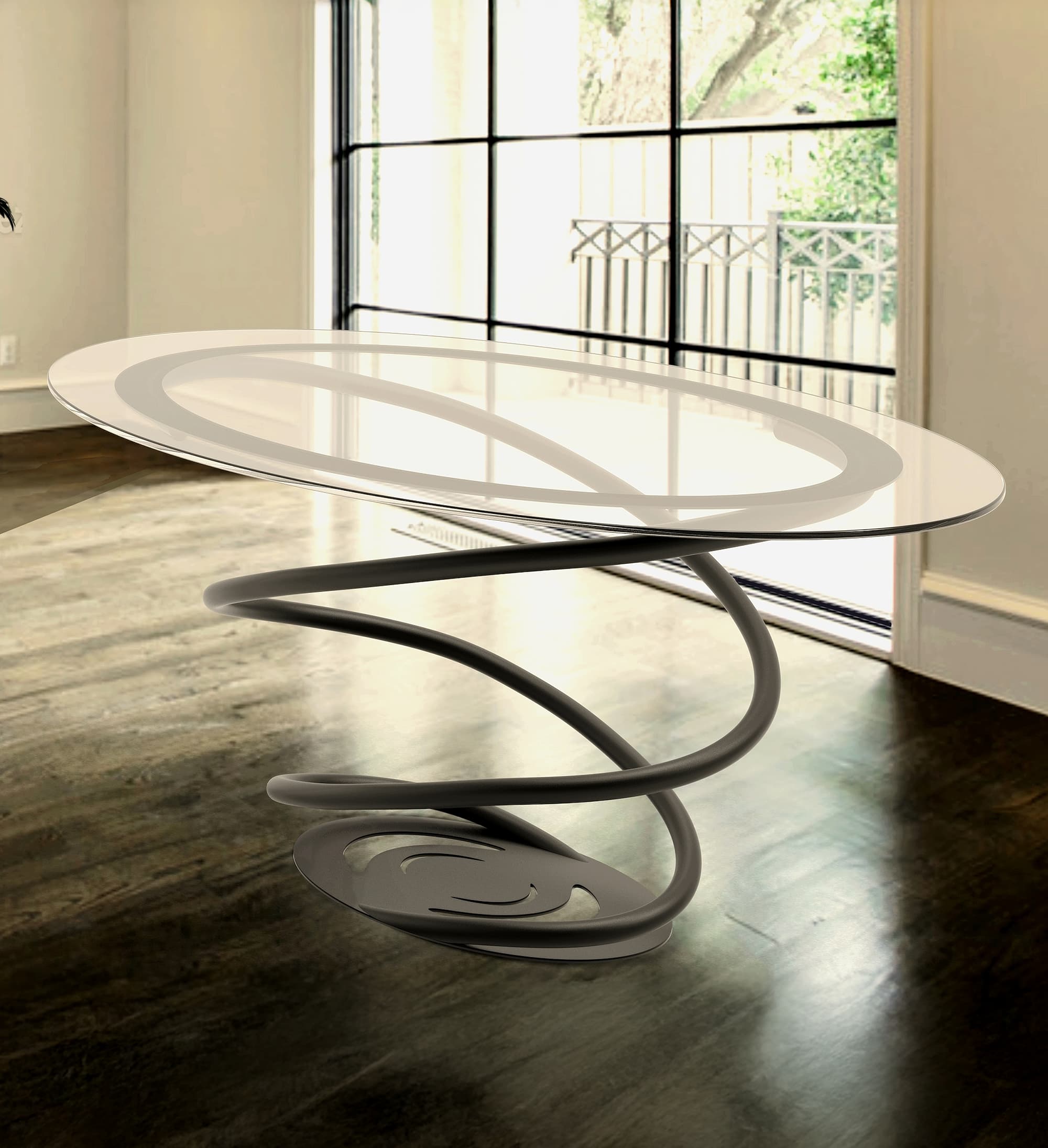 A circular table with spiral legs