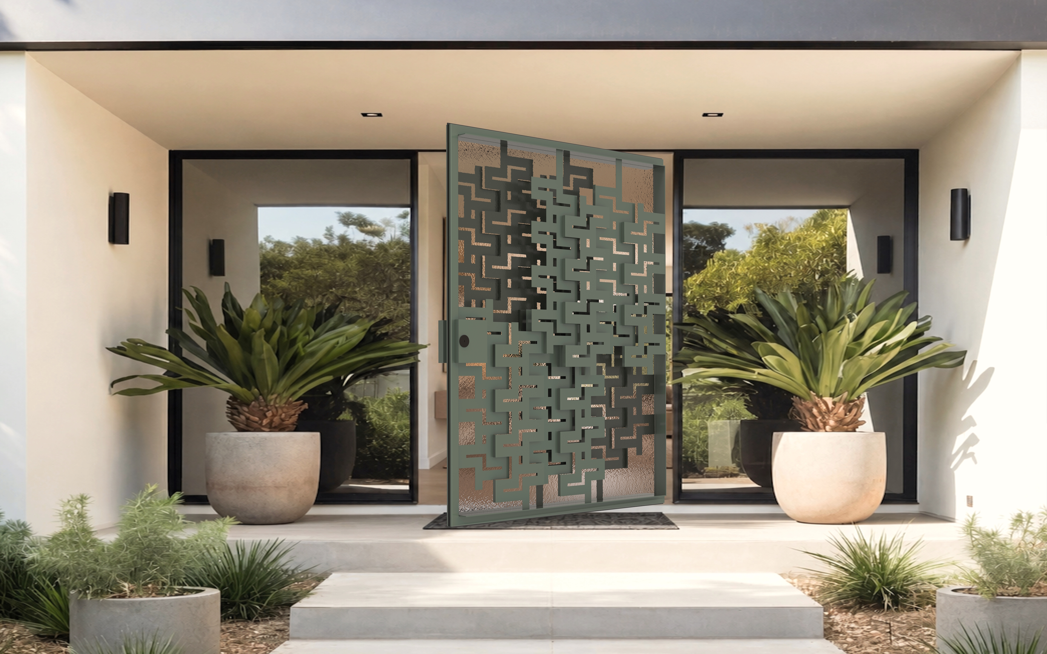 A decorative home front door with diamond pattern