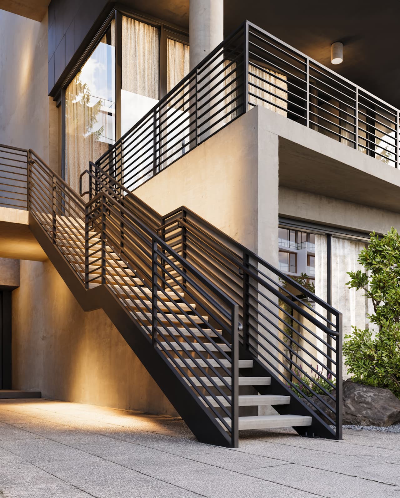 A staircase leads to the second floor of an apartment