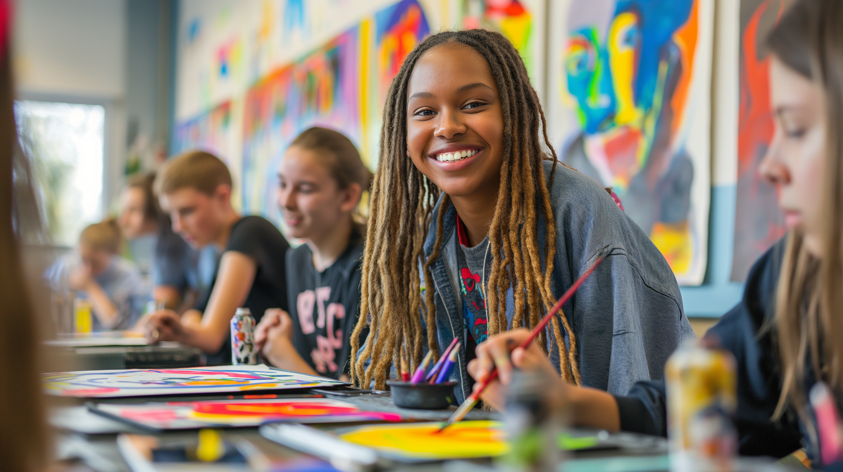 Smiling teenage girl with long braided hair painting with a brush in an art classroom with colorful artwork on the walls and other students working in the background.