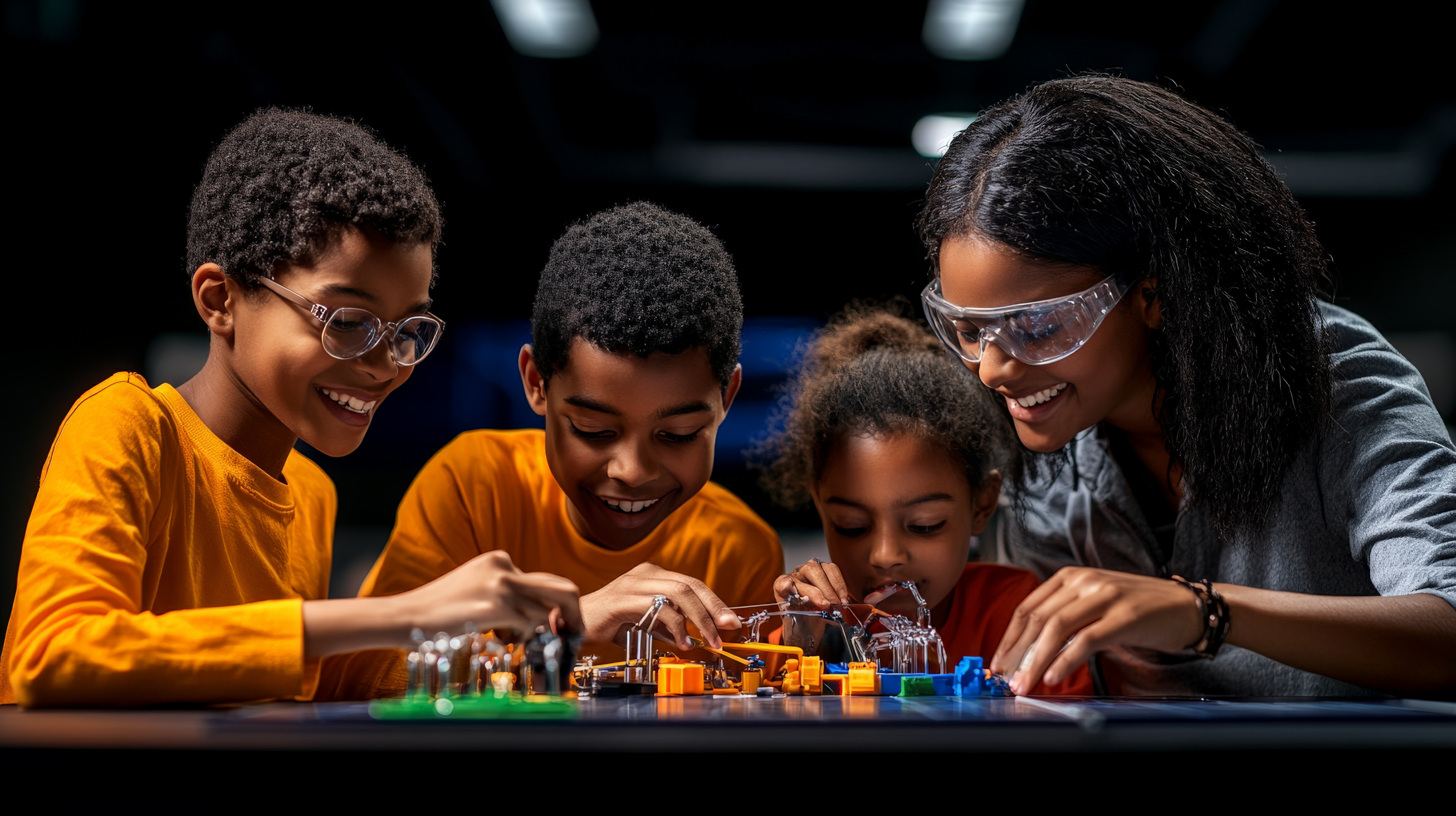Four children working together on a STEM project with electronic components and smiling.